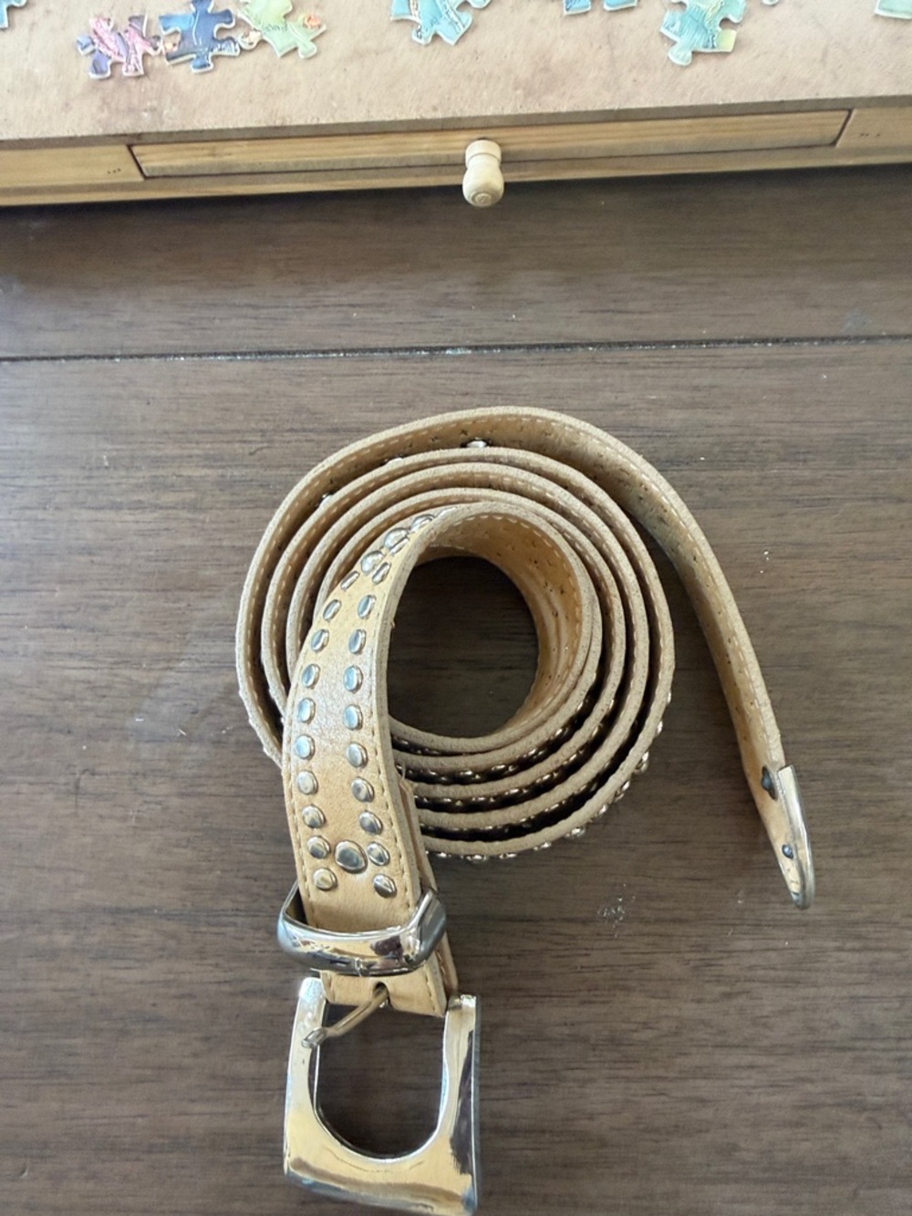 Studded Tan Leather Belt with Silver Buckle. 60 inches long .